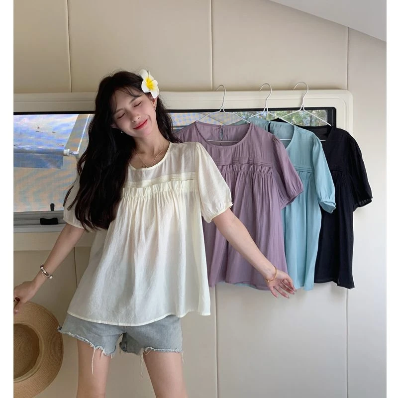 夏季泡泡袖法式小众上衣时尚短袖衬衫气质娃娃显瘦女衬衫衣66146#