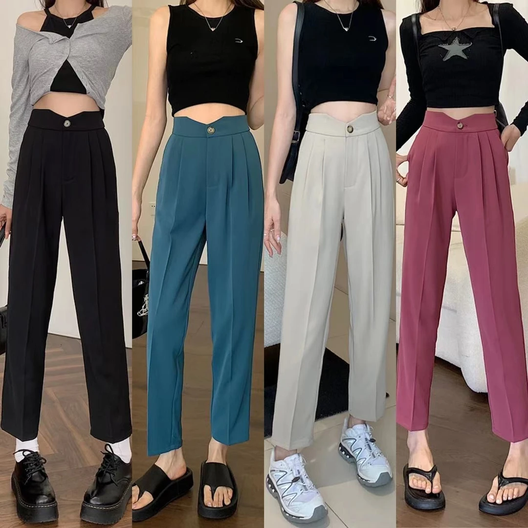 7142#春夏新款高腰大码显瘦九分西装垂感直筒裤女休闲小脚直筒裤