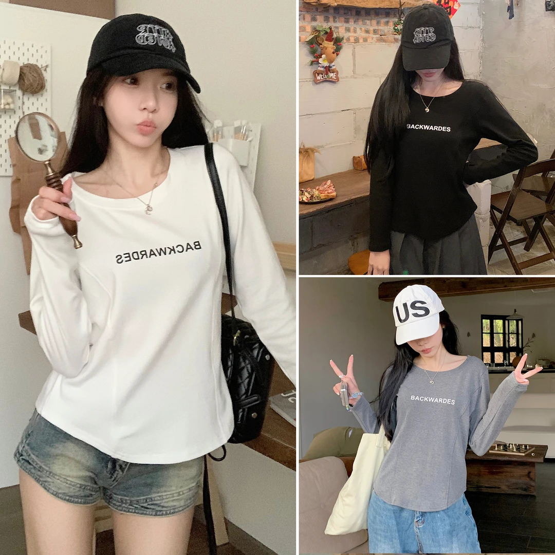 秋季新款大码女装长袖T恤鱼骨修身短款显瘦字母印花打底衫7390#