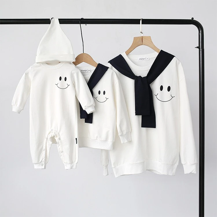 笑脸婴儿长袖连体衣亲子装春秋装一家三四口母子母女海军风全家装