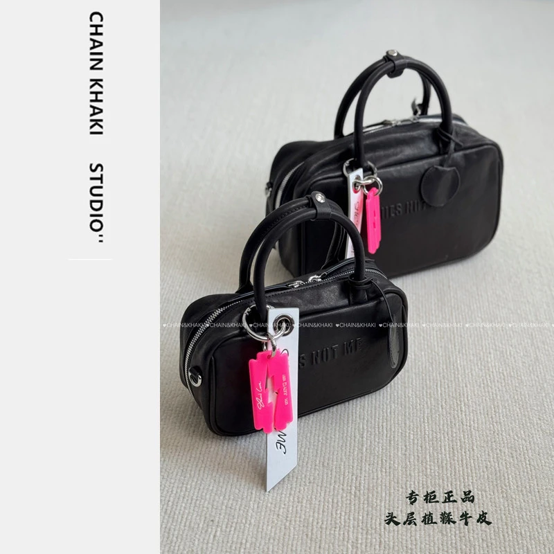 头层植鞣胎牛皮保龄球包女真皮波士顿手提包单肩包原创小斜挎包包