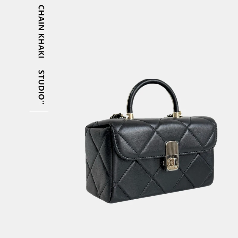 羊皮链条包小香风小方包时尚菱格盒子包百搭女士小众金球单肩包