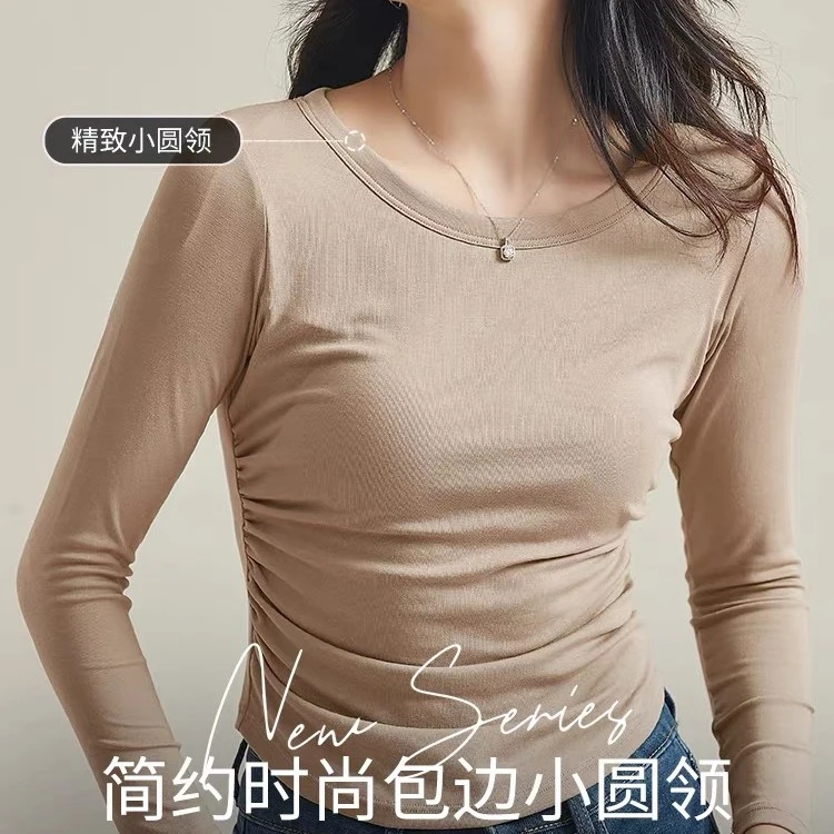 带胸垫燕尾女式显瘦ins长袖打底衫T恤上衣免穿文胸一体式内衣内搭