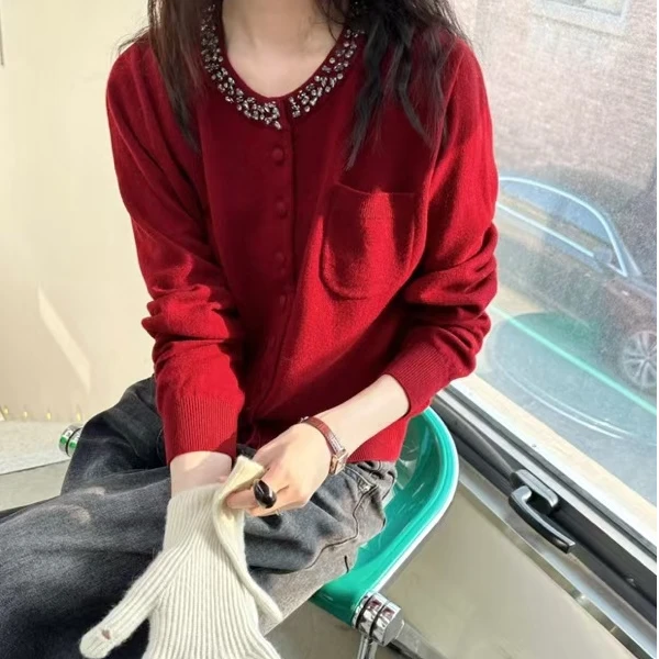 秋冬新款【100%绵羊毛】厚款韩版高品质刺绣显瘦宽松毛衣红色羊毛衫