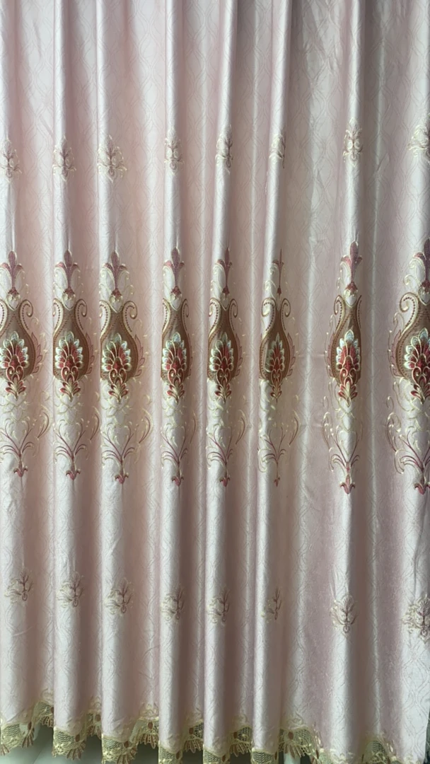高端重工刺绣窗帘，欧式风格，豆沙色布帘批发