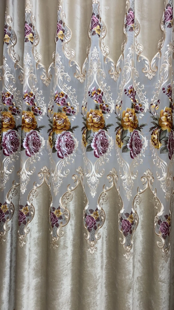 香槟色大贴纱牡丹花窗帘，客厅阳台窗帘