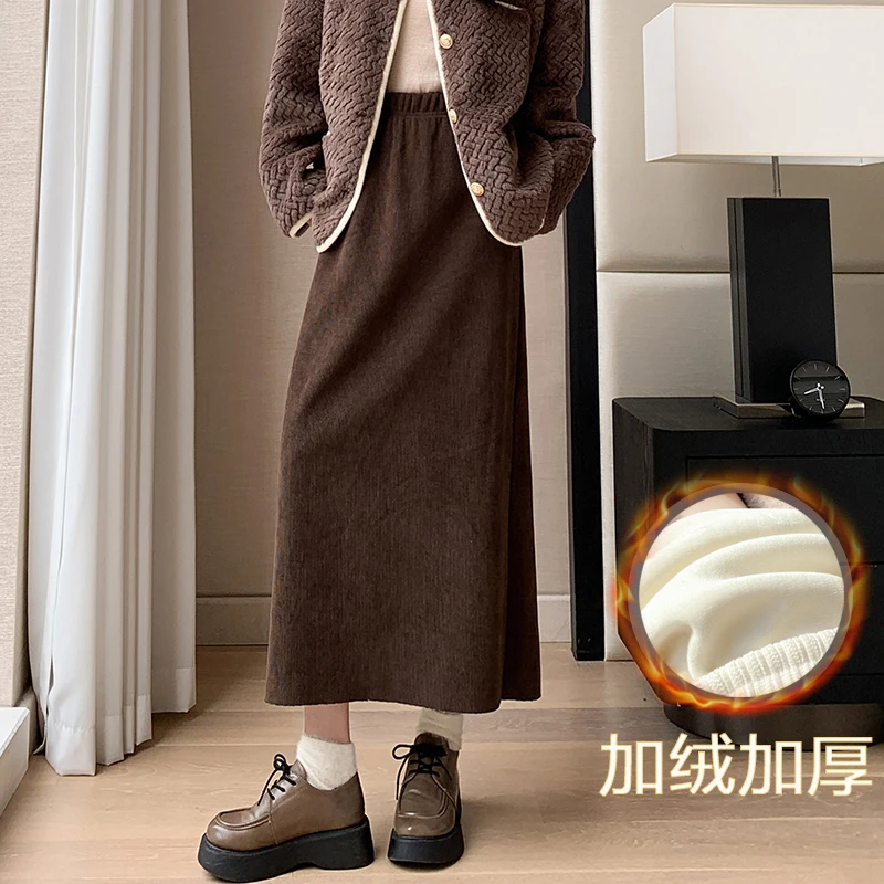 线下门店99！加绒加厚包臀半身长裙松紧高腰欧棉绒女秋冬直筒保暖