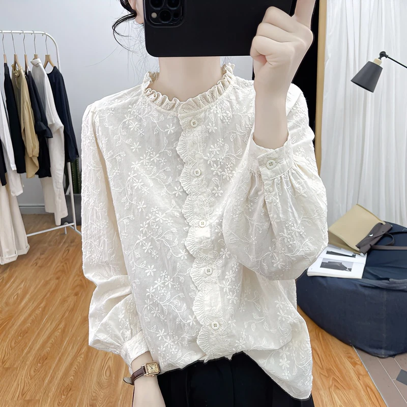 【千骨花】韩国精棉花边领蕾丝刺绣长袖薄款衬衫女上衣春装衬衣打底