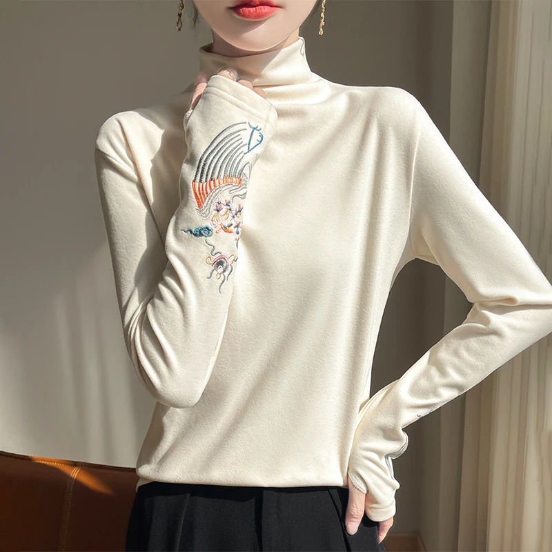 新中式刺绣双面磨毛德绒打底衫女半高领软糯保暖长袖T恤别致内搭