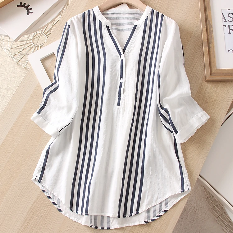 薄款纯棉不规则V领显瘦竖条纹中袖衬衫女夏正肩棉宽松气质上衣潮