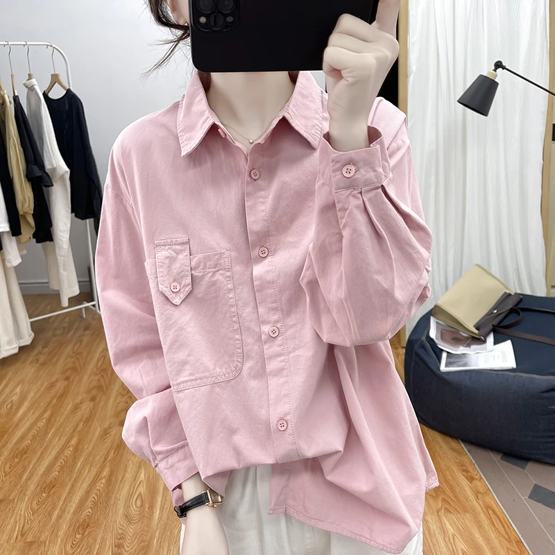 高品质 日韩粉色宽松翻领长袖衬衫女秋新polo领上衣纯棉打底衬衣