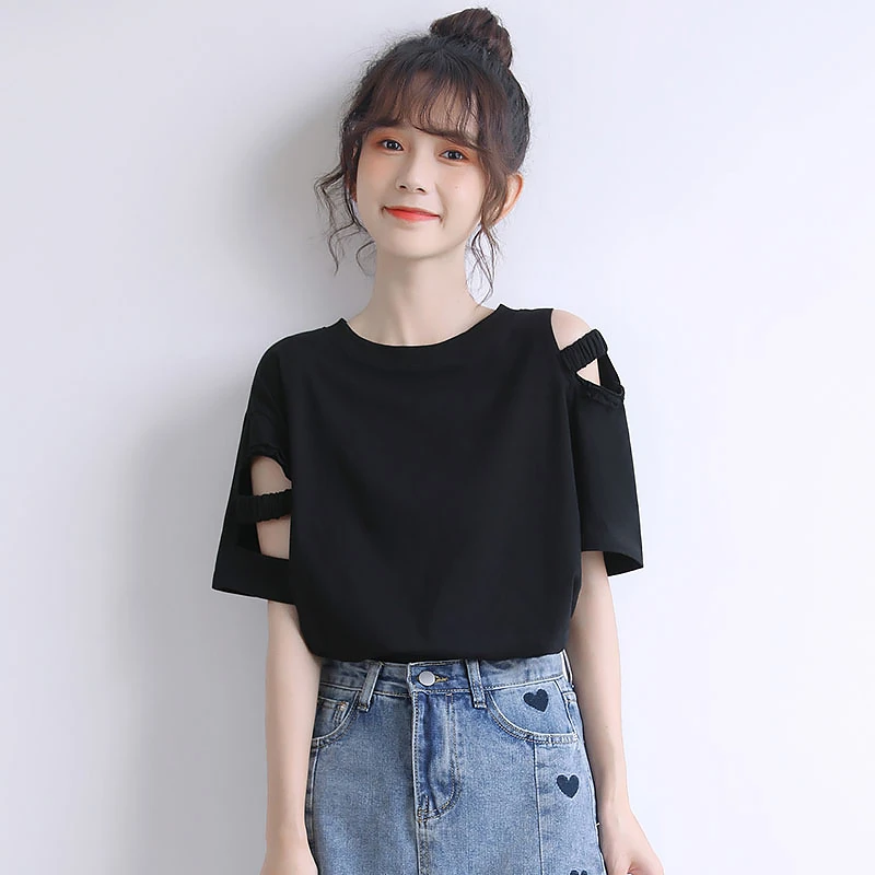 黑色镂空露肩短袖t恤女2025年夏季新款宽松棉质薄款设计感上衣潮