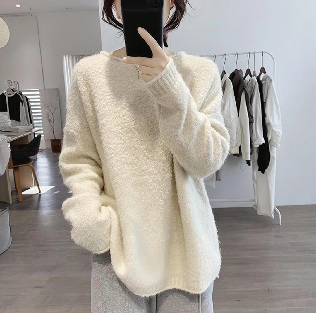 高品质~含羊毛保暖加厚毛衣卫衣女冬宽松显瘦设计慵懒长袖针织衫