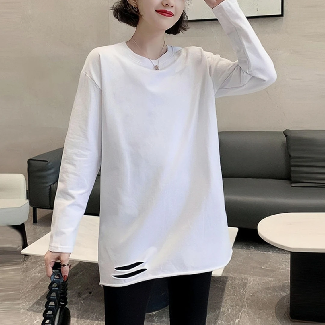 高品质~加绒纯棉白色厚t恤女长袖内搭中长款遮屁股打底衫配鲨鱼裤