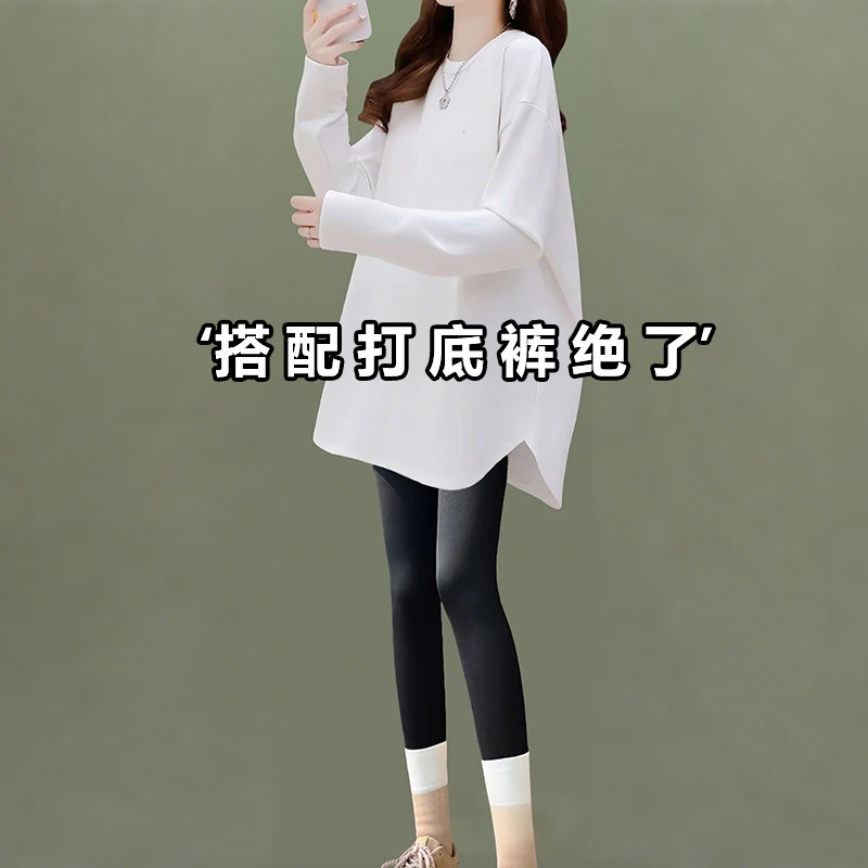 欧货加绒白色打底衫女内搭2025新款秋冬宽松遮屁股长袖t恤上衣ins