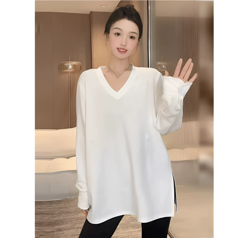 秋冬白色中长款v领长袖t恤女2024新款爆款宽松加绒内搭打底衫上衣