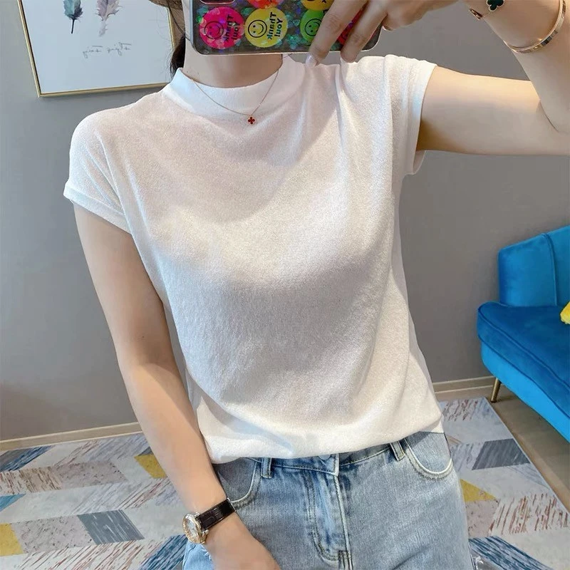 2025早春夏新款爆款白色短袖t恤女打底内搭薄款冰丝针织修身上衣