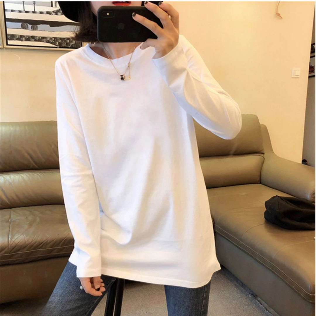 搭配宽松卫衣打底衫女秋冬加绒白长袖T恤中长款洋气内搭叠穿上衣