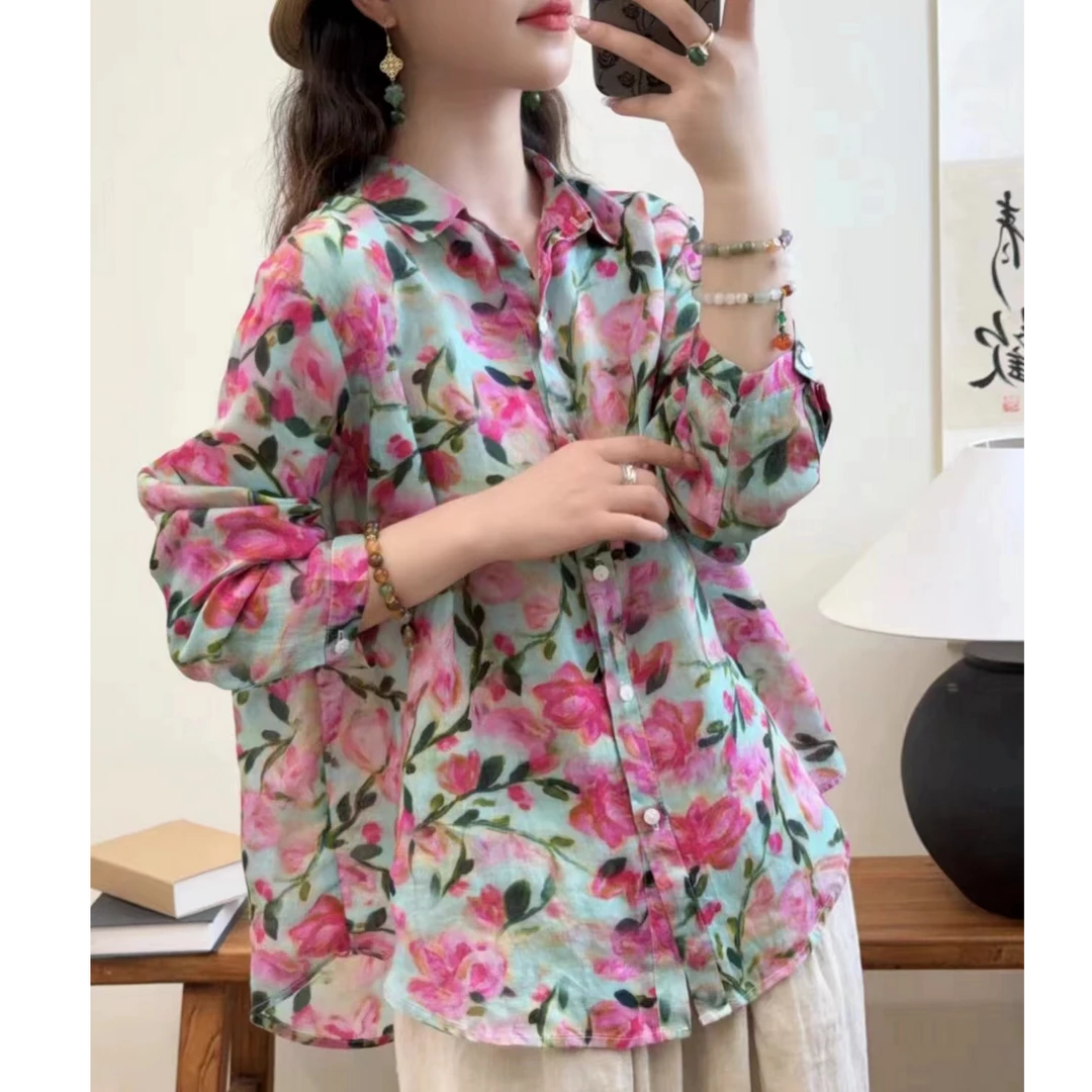 旅游防晒 印花单排扣翻领气质衬衫显瘦百搭100%纯苎麻薄款女衬衣