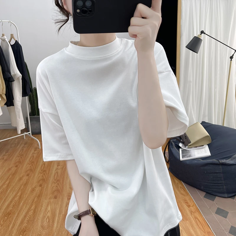 欧货棉质半高领宽松半袖T恤女早春秋冬韩国显瘦上衣休闲打底衫潮