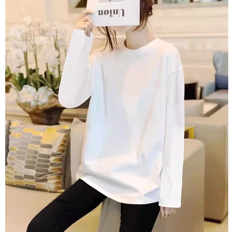 棉质白色t恤女长袖秋冬新款印花加绒内搭休闲宽松中长款打底衫