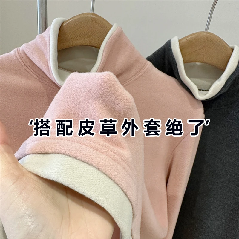 7%羊驼绒 高领假两件打底衫女 冬季加厚保暖撞色内搭长袖T恤上衣
