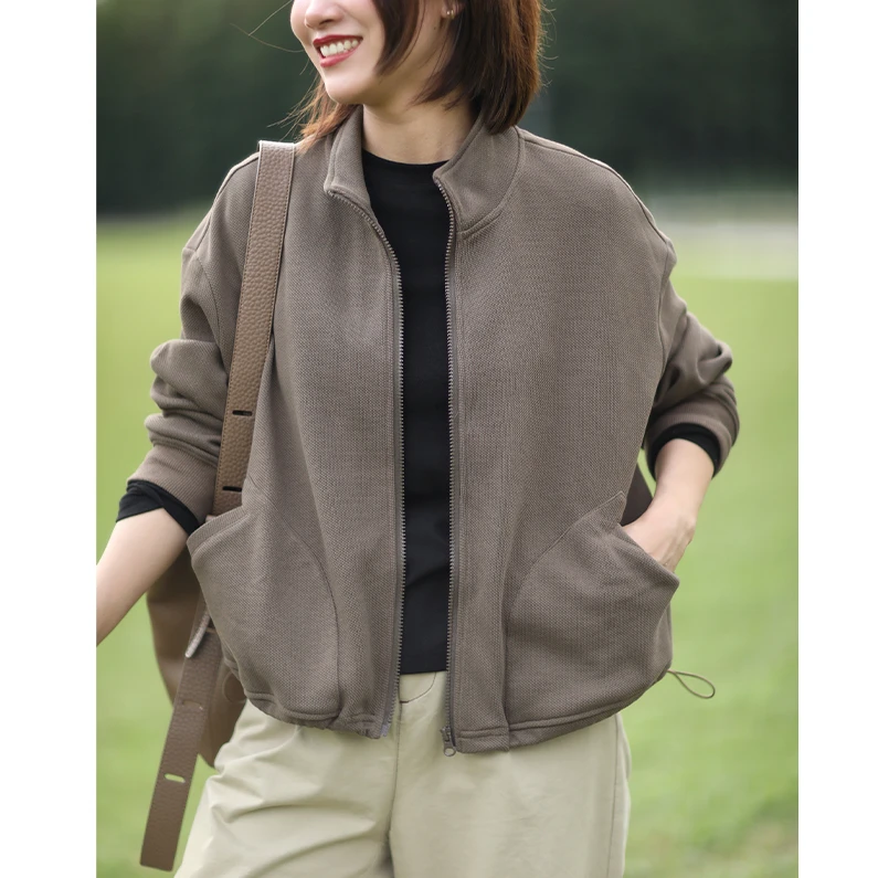 原创设计 定制面料极简风文艺休闲宽松廓形立领夹克短外套秋冬