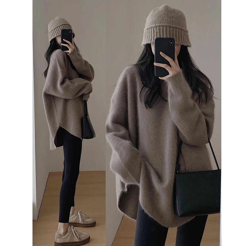 美拉德中长款毛衣女秋冬遮屁股慵懒风内搭打底衫搭配鲨鱼裤的上衣