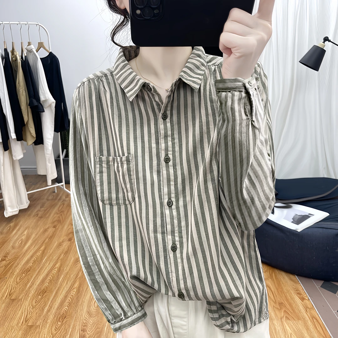 秋冬装复古polo领松条纹长袖衬衫女减龄上衣2025新款衬衣双纱纯棉