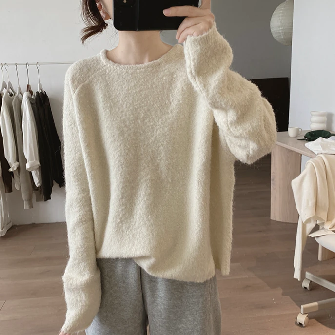 2024秋冬新12%羊毛圈圈纱加厚毛衣圆领插肩袖韩宽松保暖上衣纯色