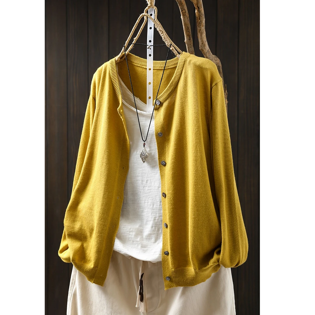 黄色纯色毛针织开衫女长袖宽松显瘦早秋文艺休闲百搭薄款外搭外套