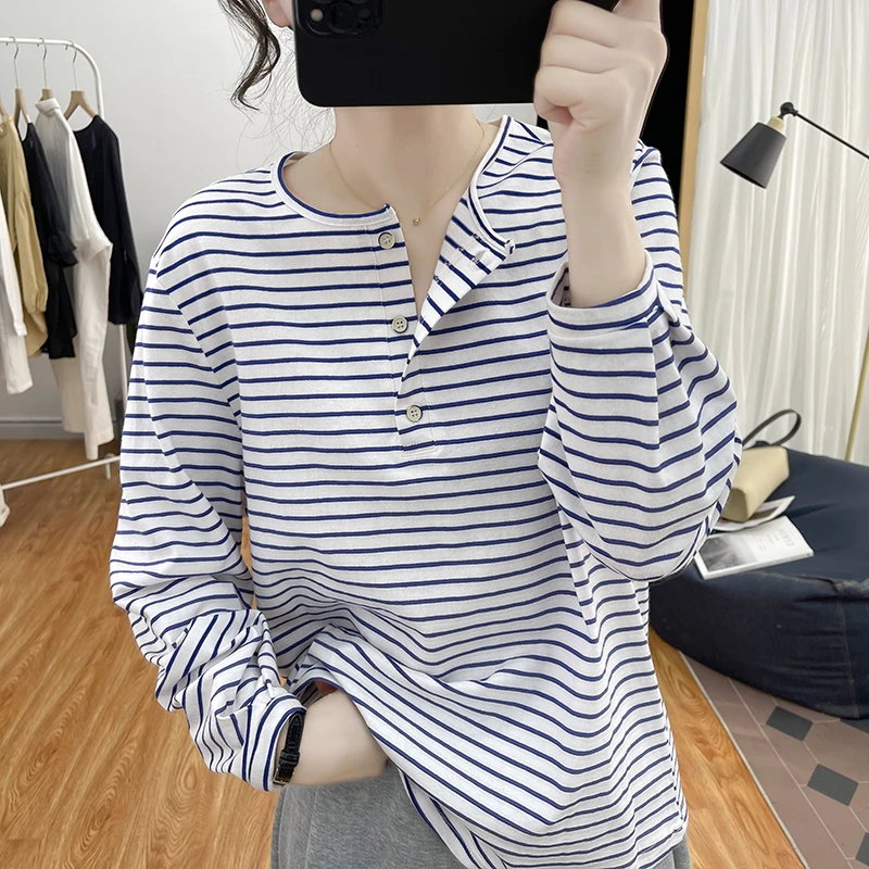 灯笼袖条纹长袖T恤女纯棉宽松减龄上衣秋装圆领纽扣显瘦打底体恤