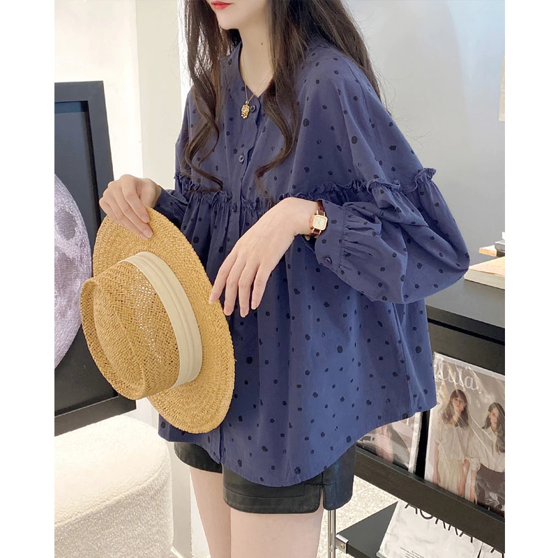 高品质！娃娃衫上衣女秋装甜美立领花边圆点灯笼袖全棉长袖衬衫