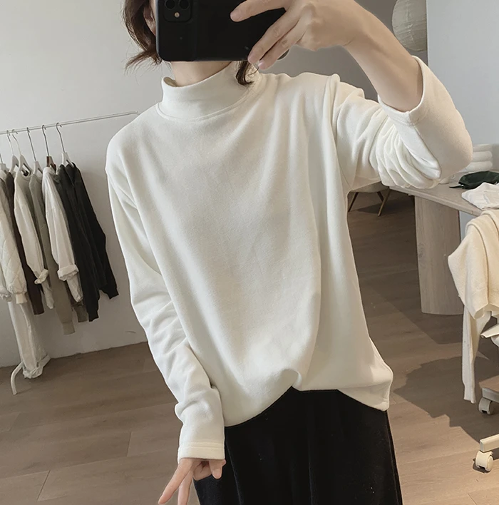 正版 棉质t恤女士冬季新款宽松保暖德绒设计感半高领加厚上衣