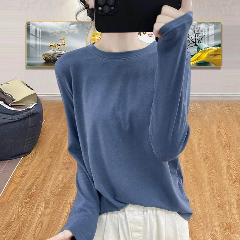 高品质~冬季加厚德绒打底衫女自发热上衣韩系圆领复古磨毛长袖T恤