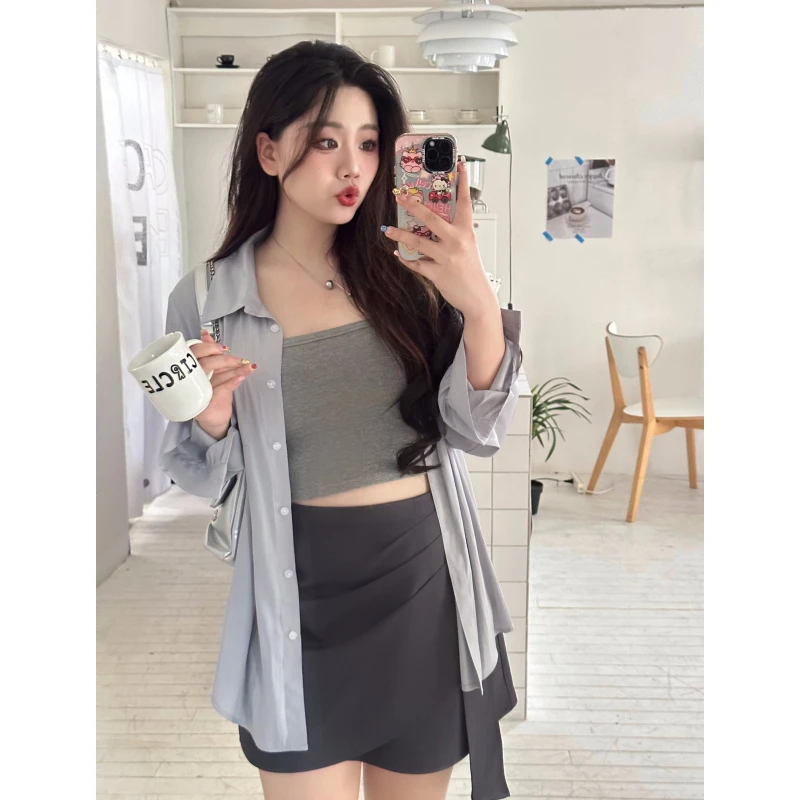 圆大敏【现货】「 衬衫」学院风衬衫2024年夏季微胖MM灰色衬衫2367