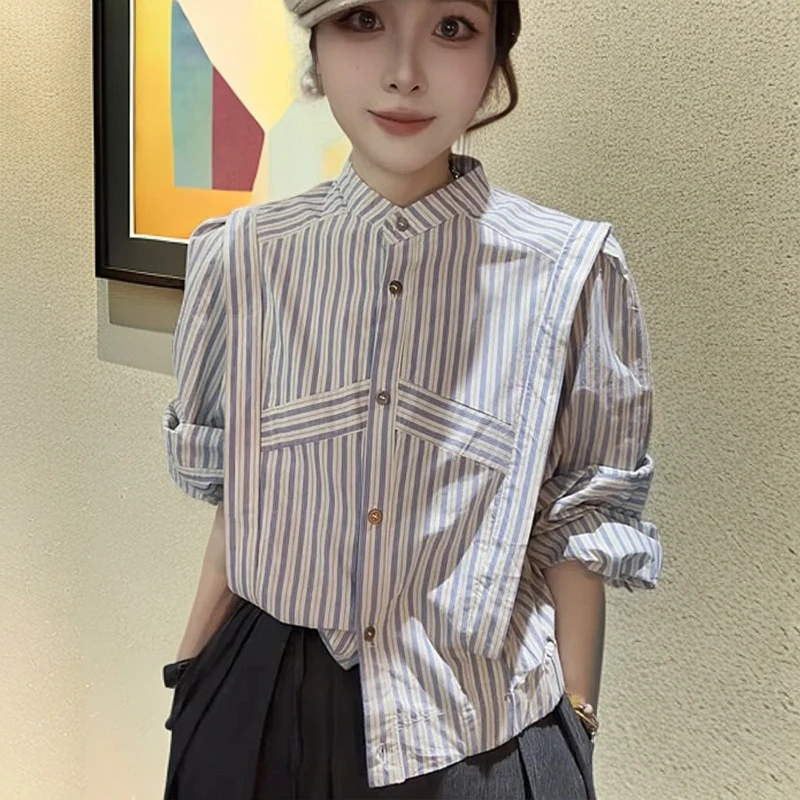 百搭时尚简约条纹长袖衬衫2025春季新款宽松显瘦休闲拼接条纹上衣