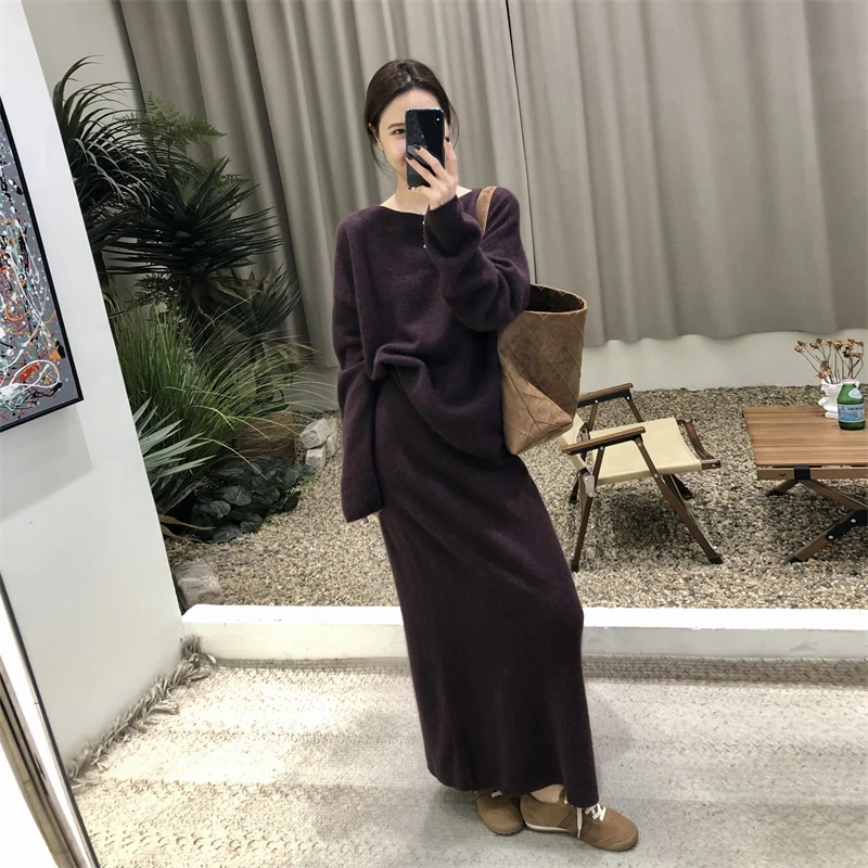 韩系时尚气质套装女2025年春季新款紫色针织毛衣高腰半身裙两件套