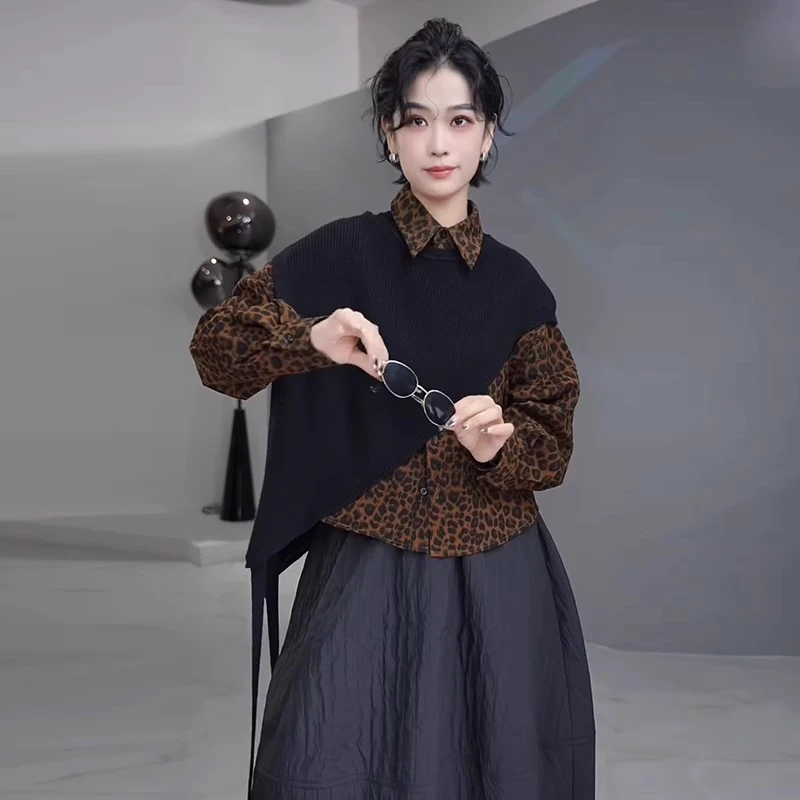 复古春季网红款时尚套装女士新款豹纹气质减龄衬衫针织披肩两件套