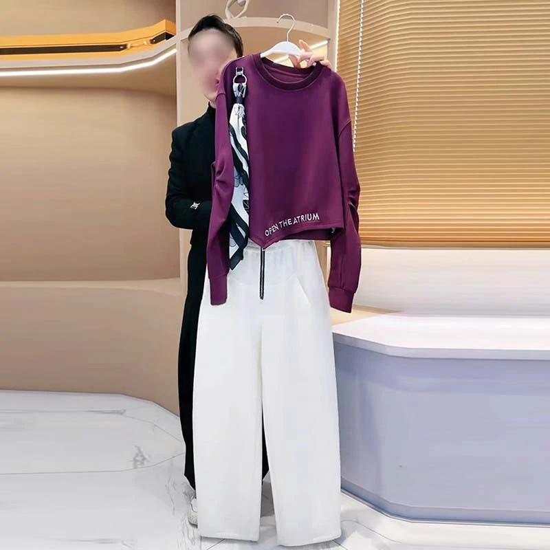 长袖春季女装时尚套装系带2025年设计感百搭卫衣休闲阔腿裤两件套