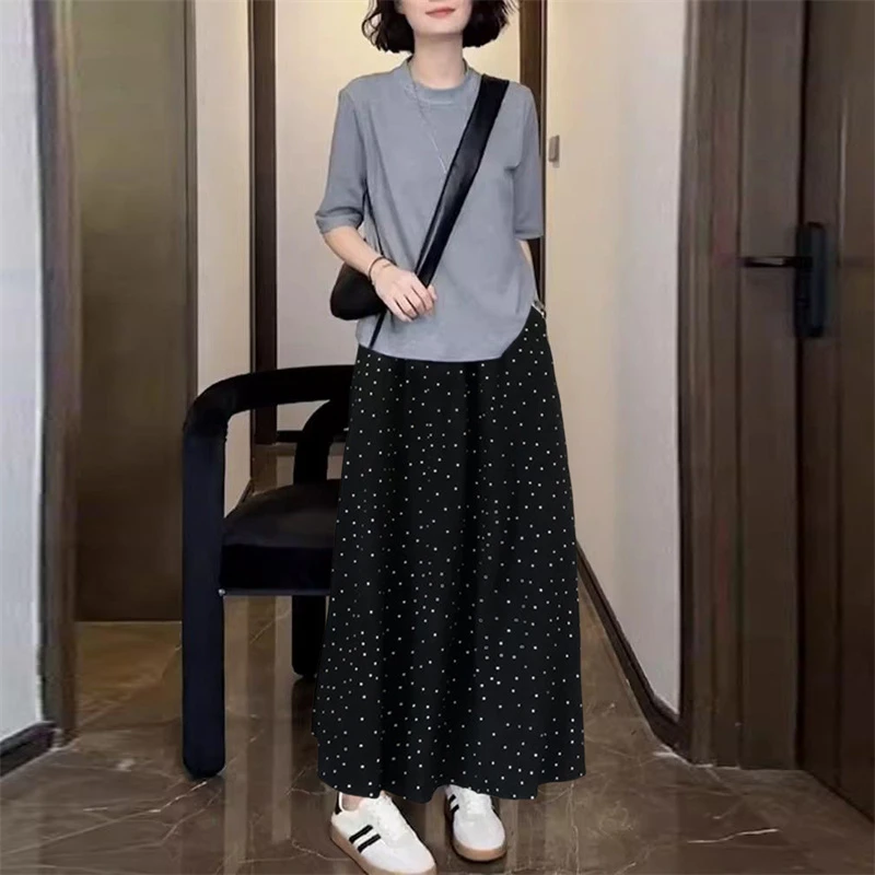 韩版潮流女装时尚套装夏季新款短袖圆领t恤休闲波点半身裙两件套