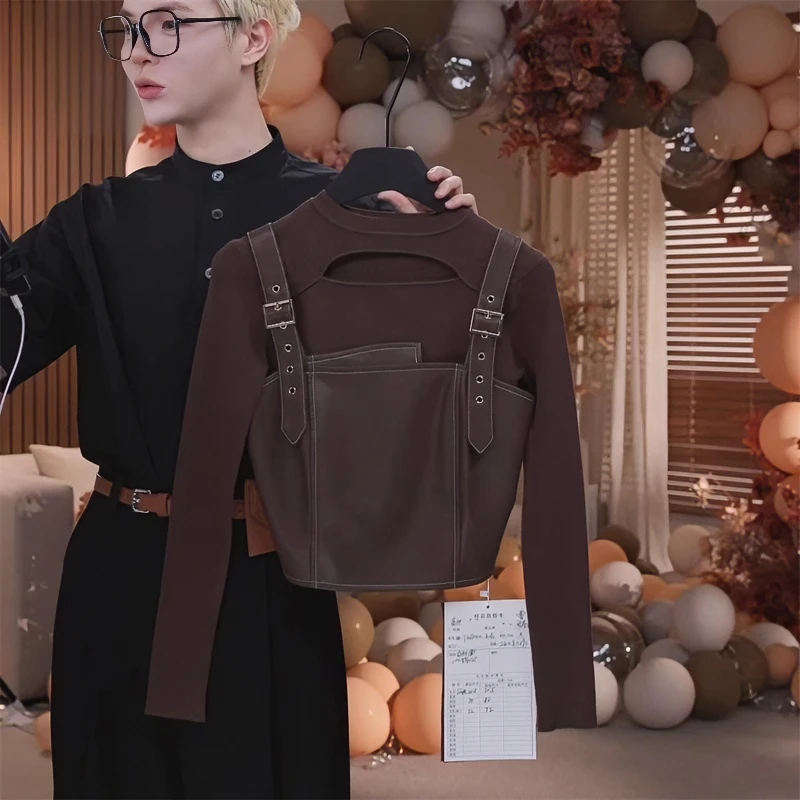 春季长袖设计感时尚套装新款网红短款小众t恤休闲吊带上衣两件套