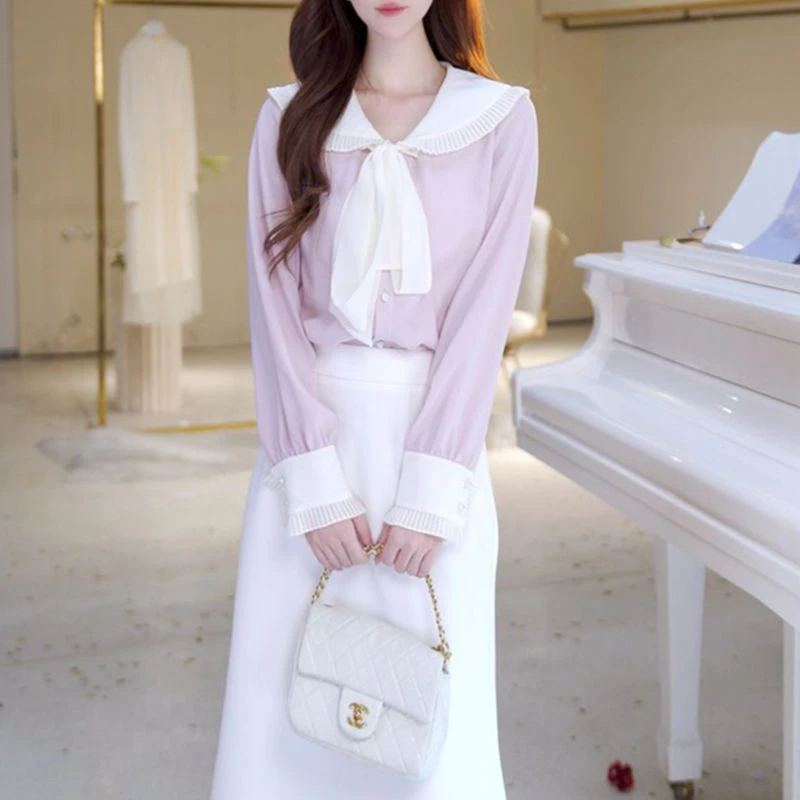 长袖春季文艺甜美设计感衬衫女2025新款小众拼接简约气质通勤上衣