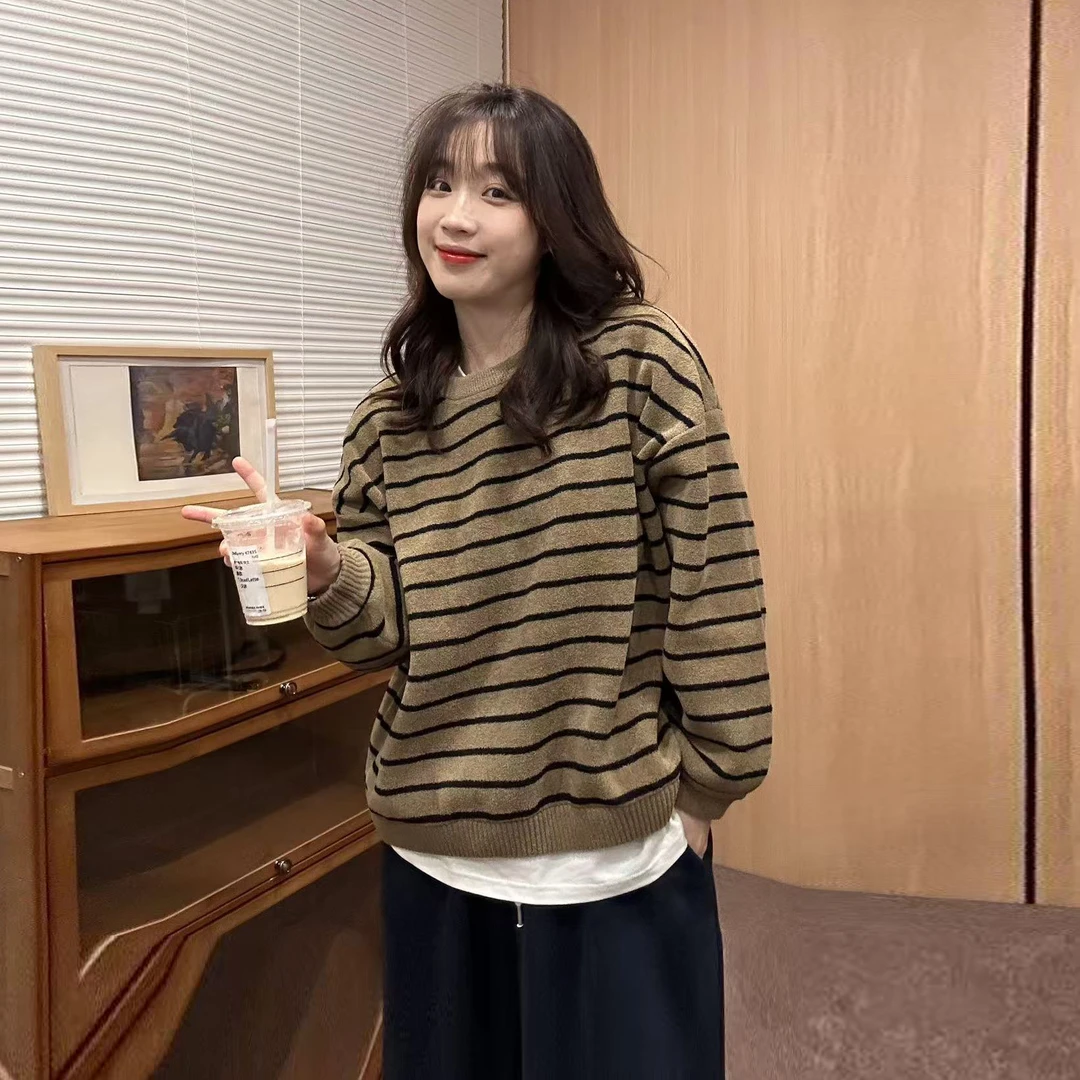 圆领秋冬宽松条纹针织衫2024个性通勤潮流女装慵懒风百搭时髦上衣