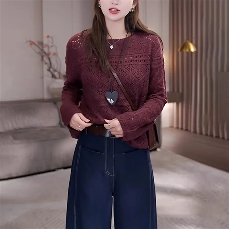 春季轻熟风镂空套头针织衫新款纯色百搭长袖上衣休闲宽松文艺女装