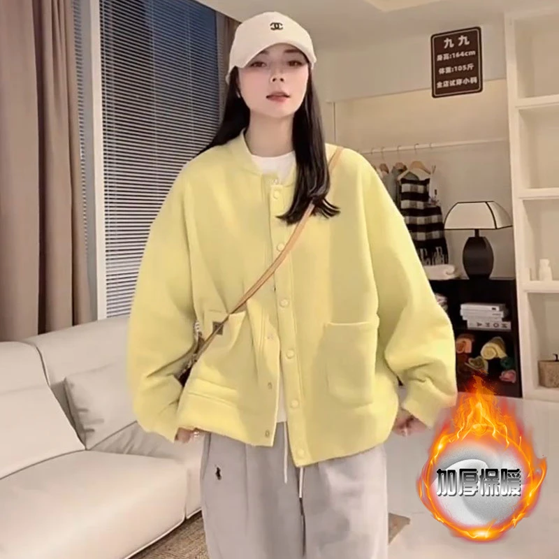 秋季长袖通勤女装高级感加绒单排扣2025卫衣口袋时尚百搭韩版卫衣