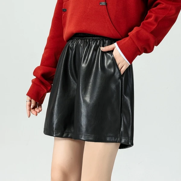 秋冬氛围~裂甄选优质pu柔韧百搭松紧高腰阔腿五分皮裤 K9963