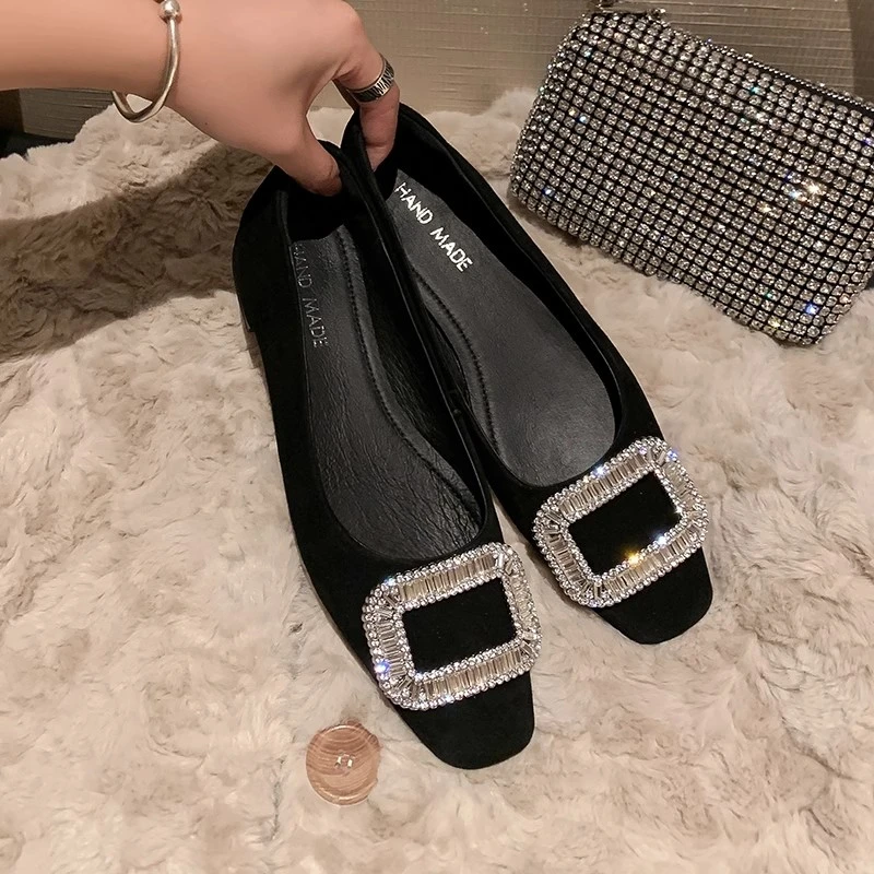 方扣水钻单鞋女平底磨砂方头浅口高跟鞋粗跟气质ol黑色工作鞋大码