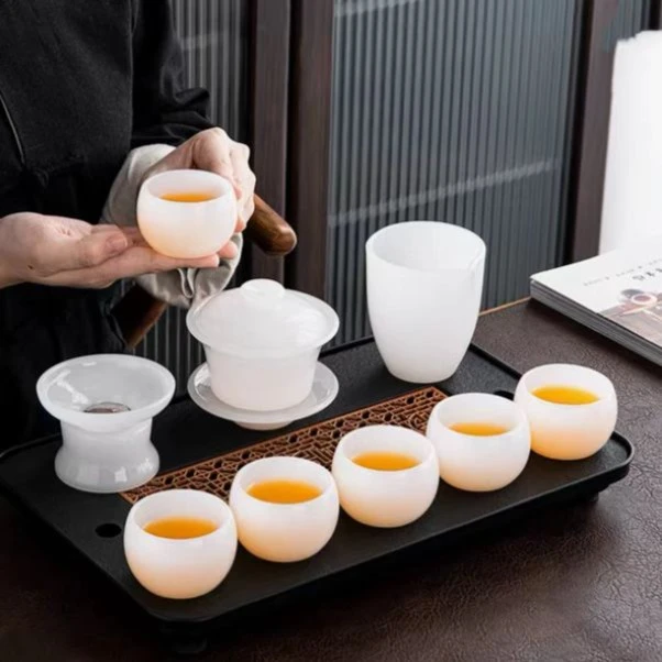 汉白玉琉璃茶具套装 纯手工打造（带礼盒）