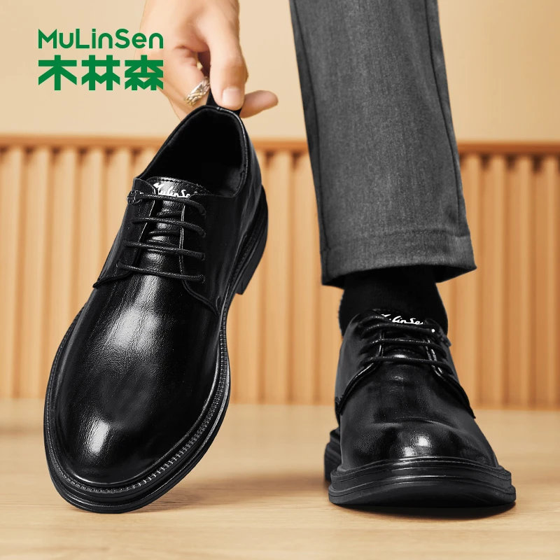 木林森男士新款秋冬季圆头男士夏季百搭时尚系带正装商务休闲皮鞋